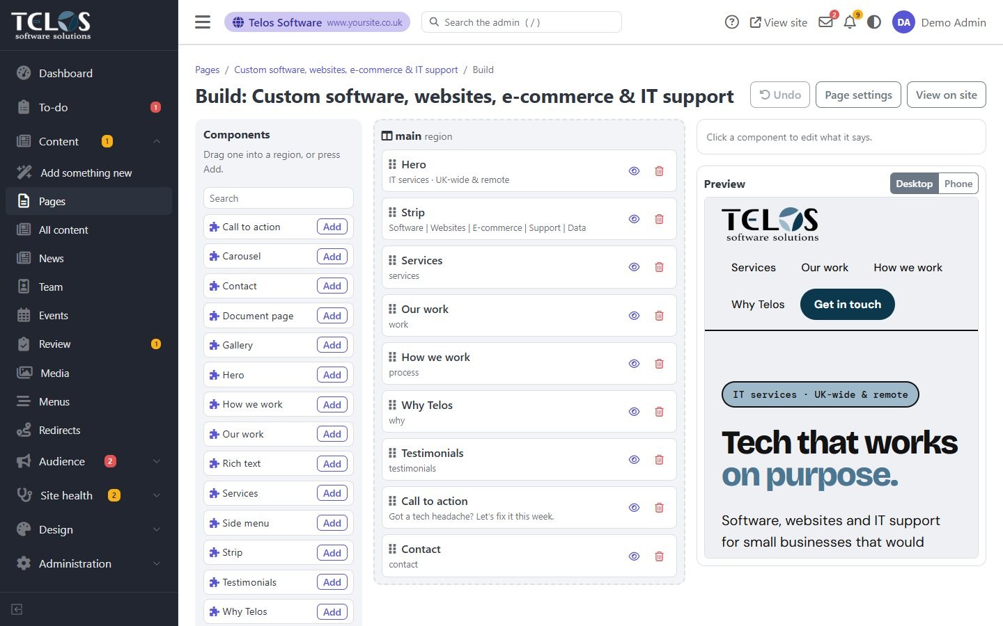 The TelosCMS page builder, with components on the left, the page in the middle and a live preview on the right