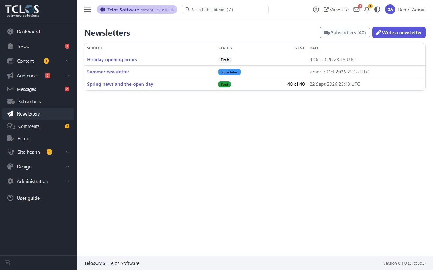 The newsletter list, with drafts, scheduled and sent issues