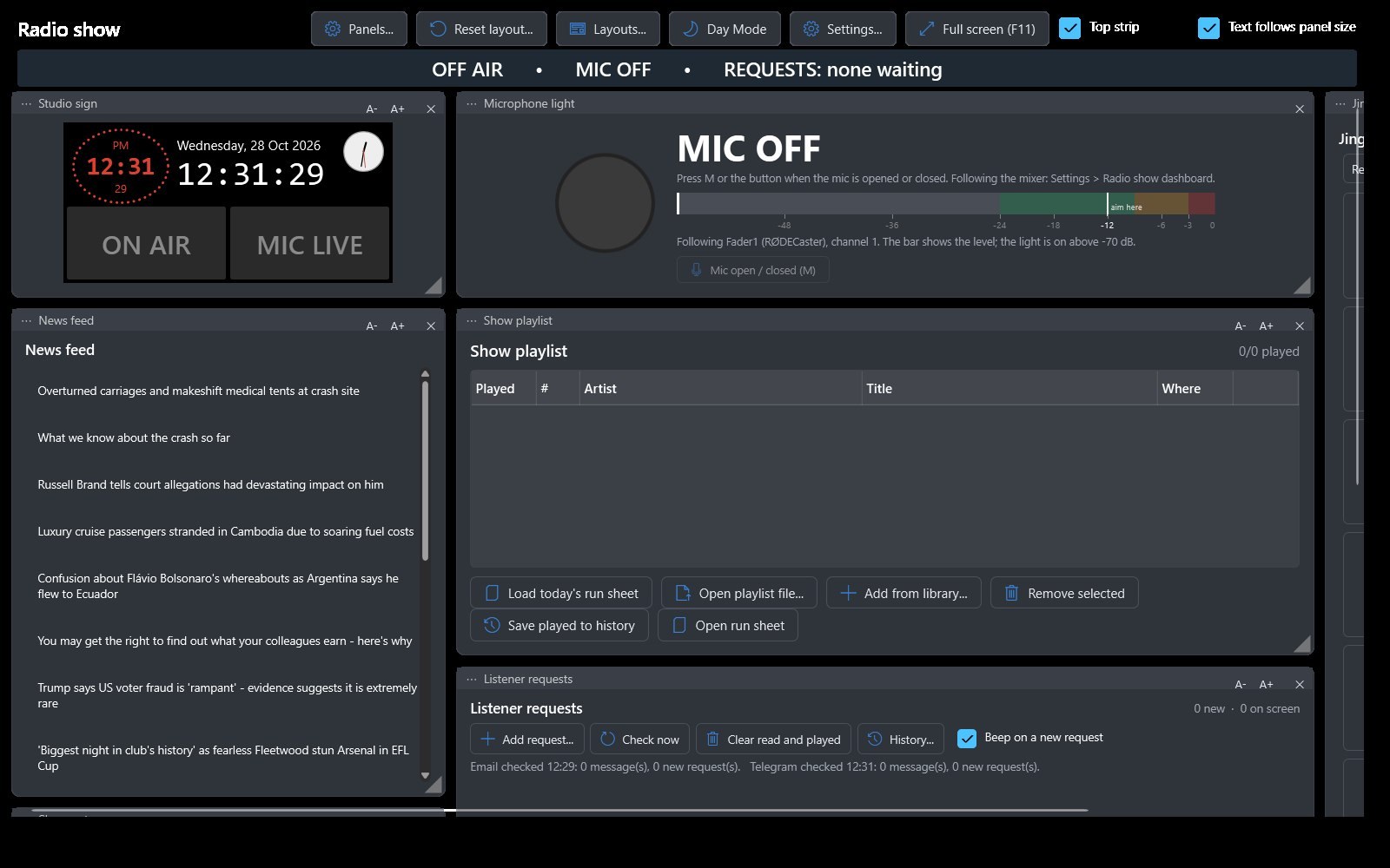 The radio show dashboard, with the on-air light, microphone light, playlist and listener requests