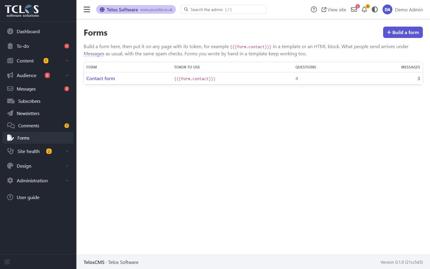 The form builder, with a form ready to put on any page