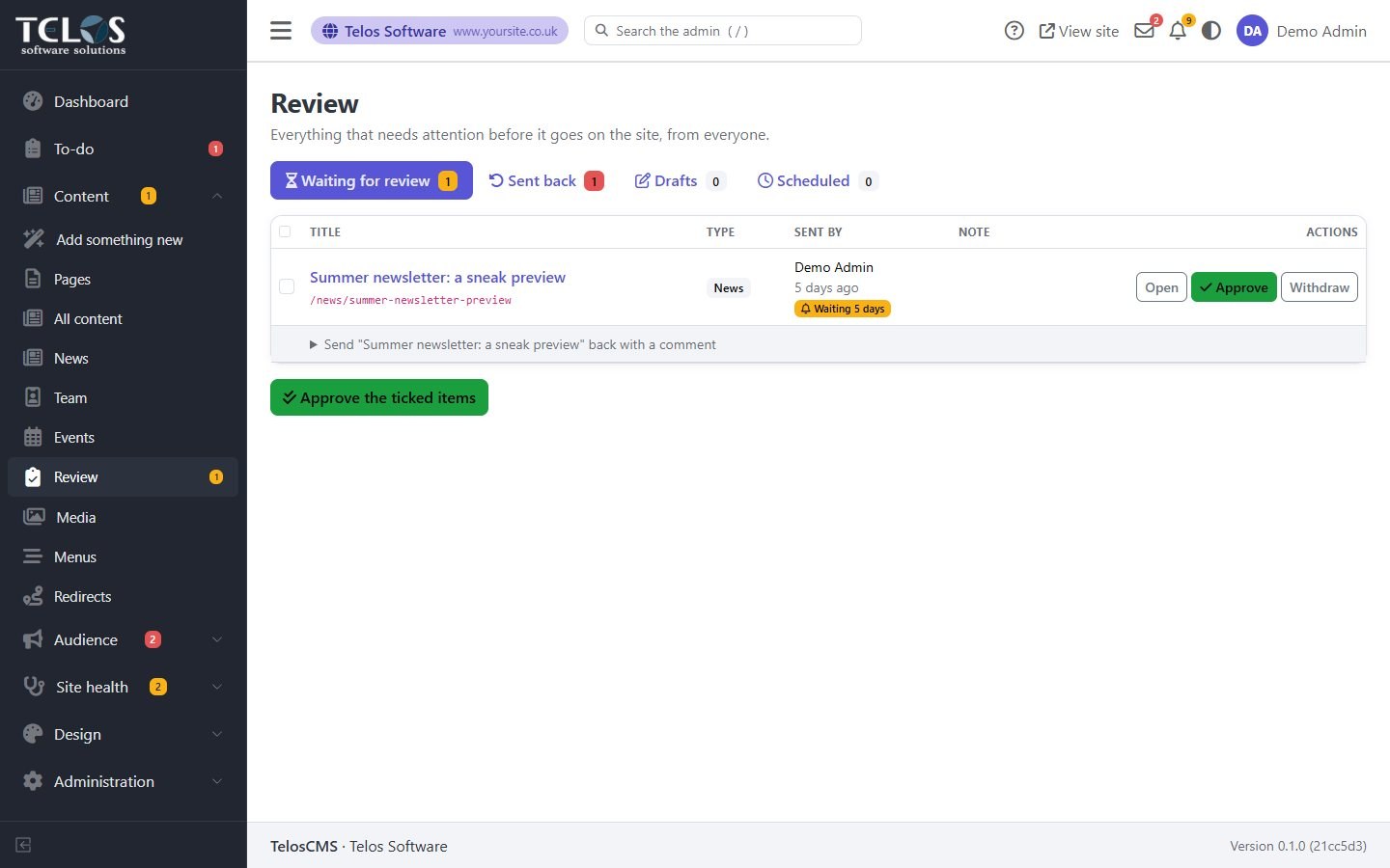 The review screen, where an editor approves work waiting to go live